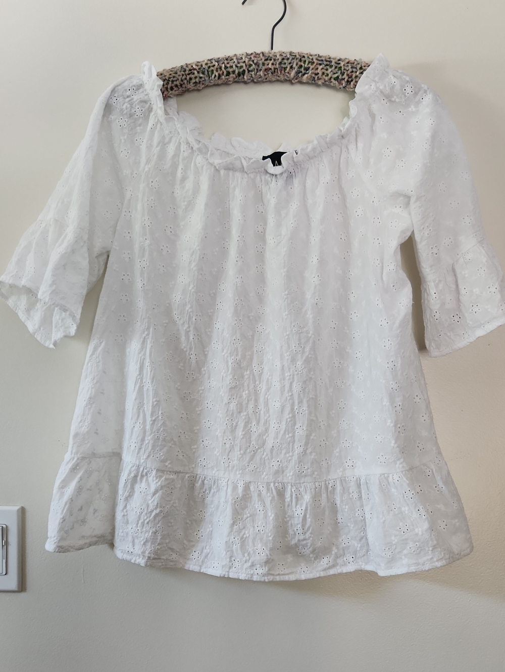W5 White Eyelet Ruffle-Hem Peasant Blouse